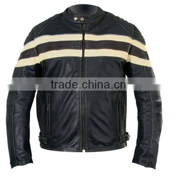 Mens Stripped Leather Motorcycle Jacket - Padded