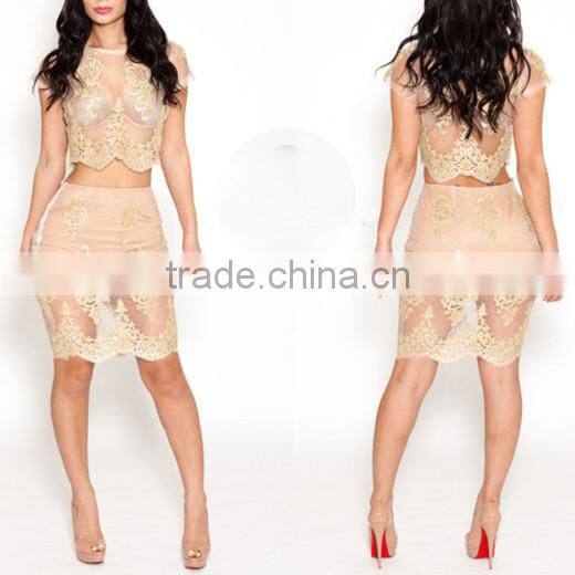 Golden sexy fashion lace Nightclub two-piece sexy dress, sexy see-through lace dress