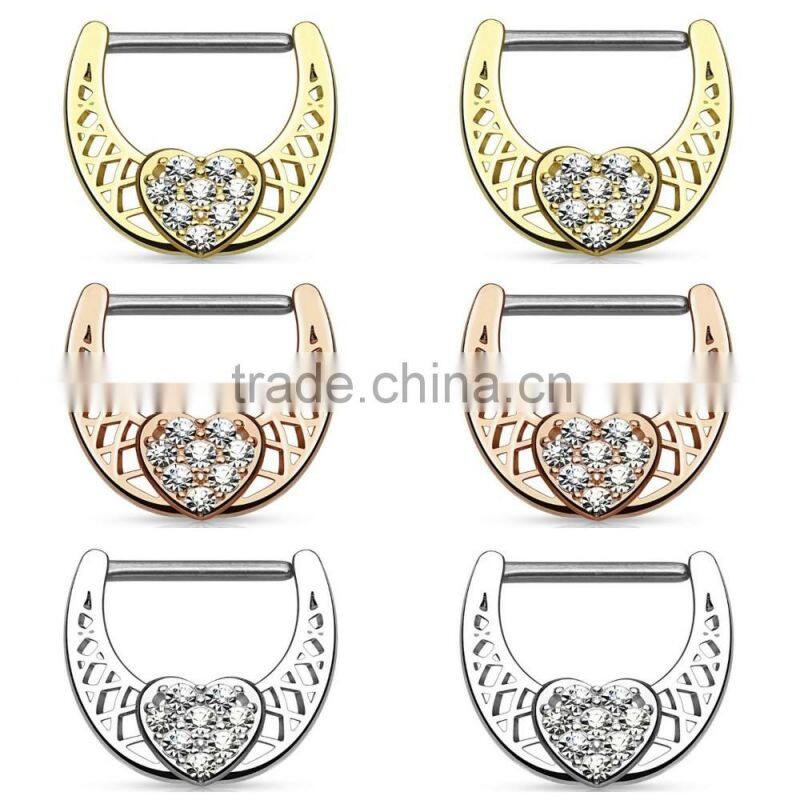 Crystal Paved Heart Nipple Ring Clicker