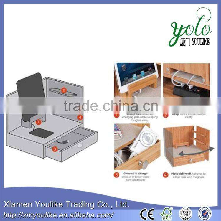Corner Multi-Device Bamboo Charging and Sunglass Station with Drawer