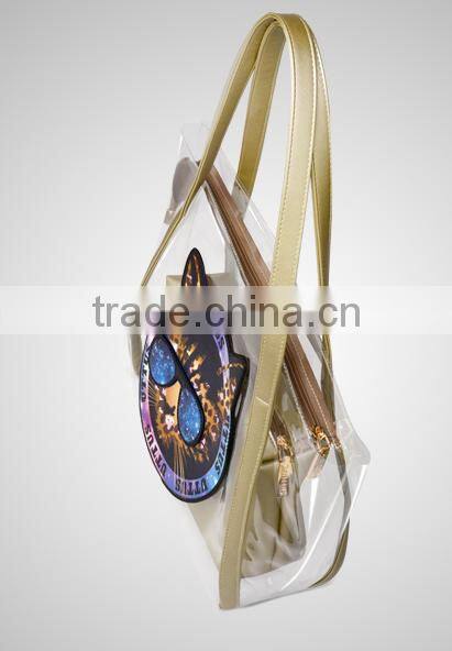 Clear PVC large capacity Tote Bag With glod Webbing Handle Bag,bag in bag