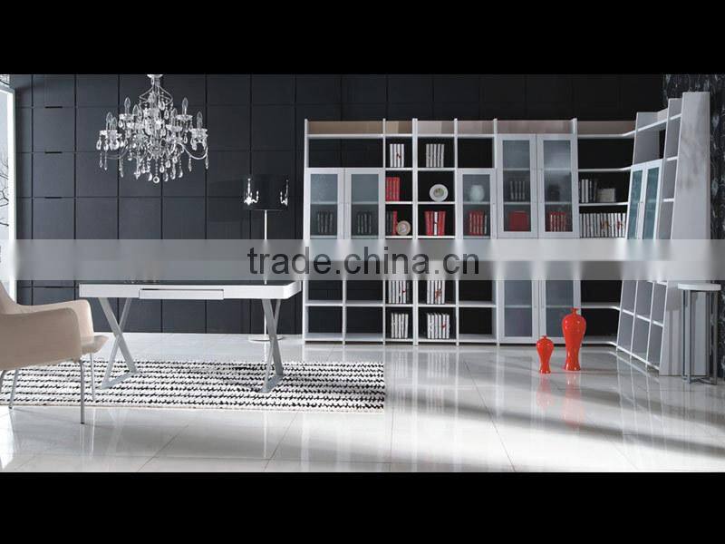 wooden bookcase with white glass door