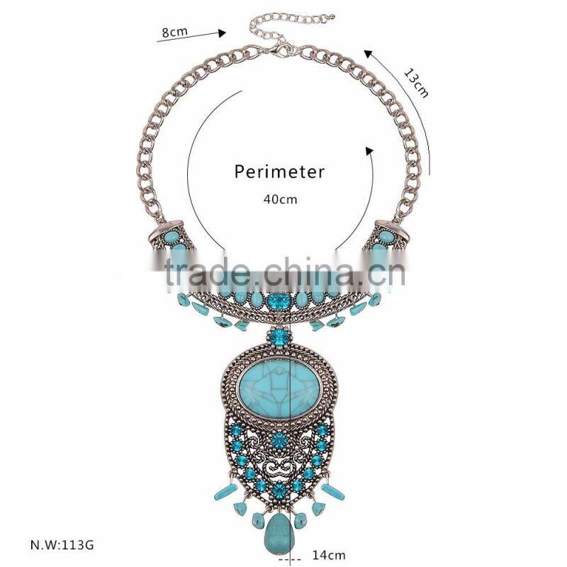 Factory Directly Wholesale New Arrive Bohemian Turquoise Alloy Necklace Chunky Statement Necklace