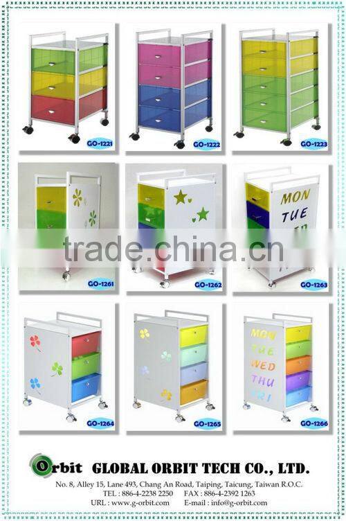 Colorful 4 tier plastic storage trolley with drawers, space saving storage cabinet