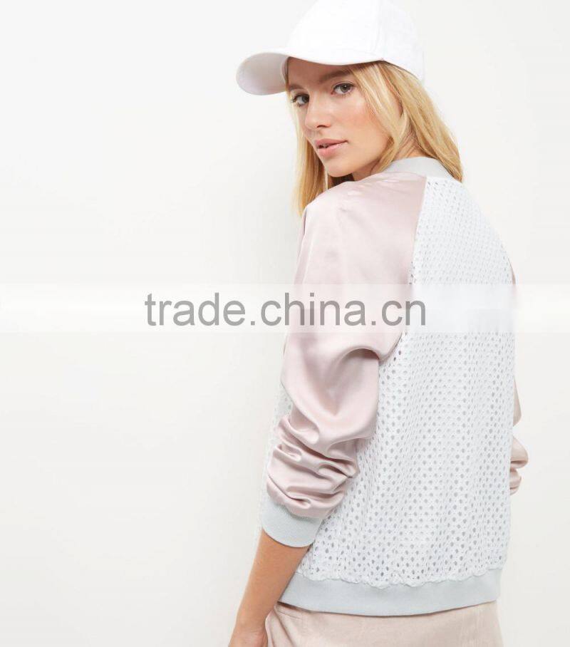 2017 Latest Design Custom Varsity Jacket Wholesale Soft Cotton Blend Casual Pink Raglan Baseball Reversible Lace Bomber Jacket