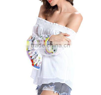 2016 New Fashion Slash Neck Shirts Women Long Sleeve Chiffon Blouses Strapless Embroidered Print Blusa Feminina