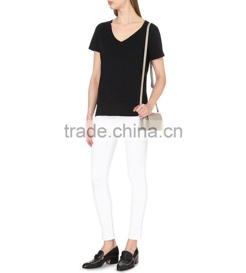 Wholesale Women Black Short Sleeve V-neck Marl Finish Cotton Jersey T-shirt(DQE0157T)