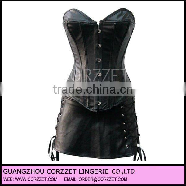 Sexy Lingerie PVC Lingerie Lace Up Basque Corset with Separate mini Skirt