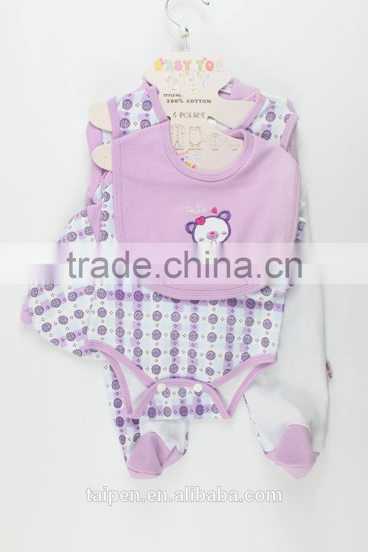 New Design Purple Knitted Winter Long Sleeve Top+Romper + Bid + Hat 6Pcs Baby Girls Clothing Gift Set With Hanger Package