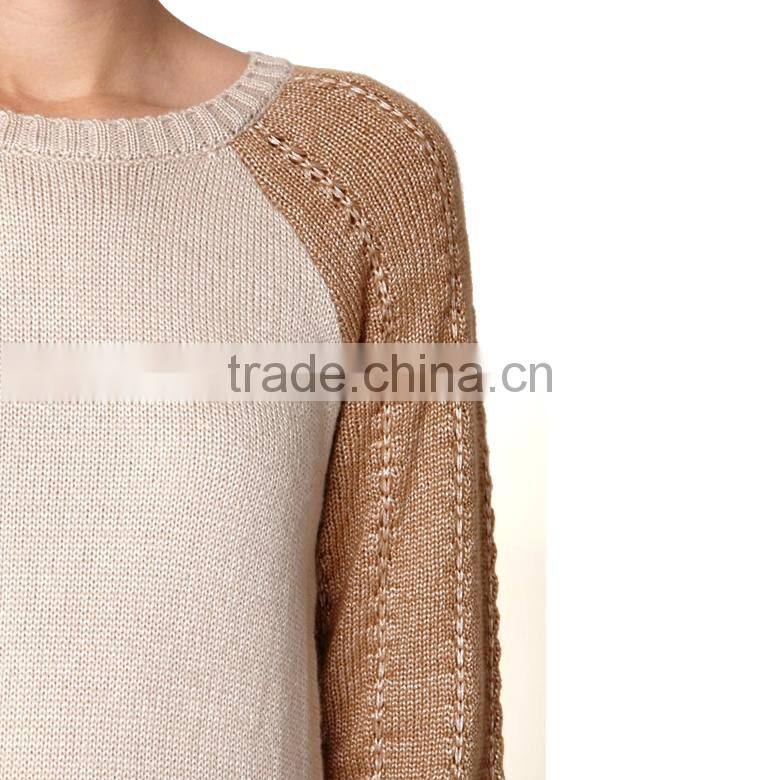 elegant contrast color crew neck raglan sleeve sweaters ladies knit pullover