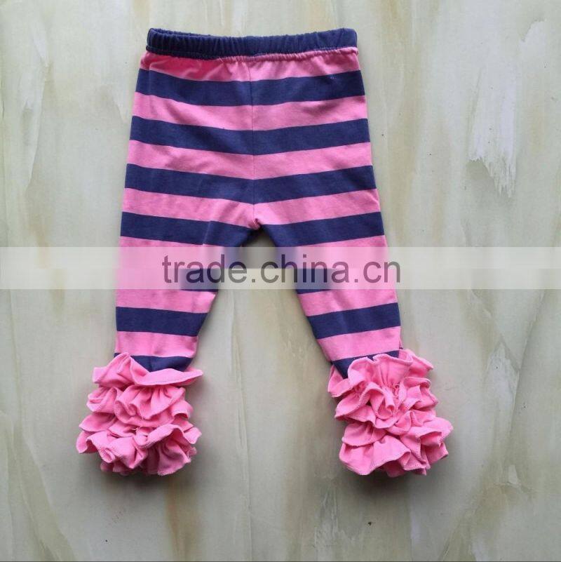 Wholesale cheap price children's boutique ruffled bottom pants kids capris light yellow triple ruffle baby girls pants XF-263