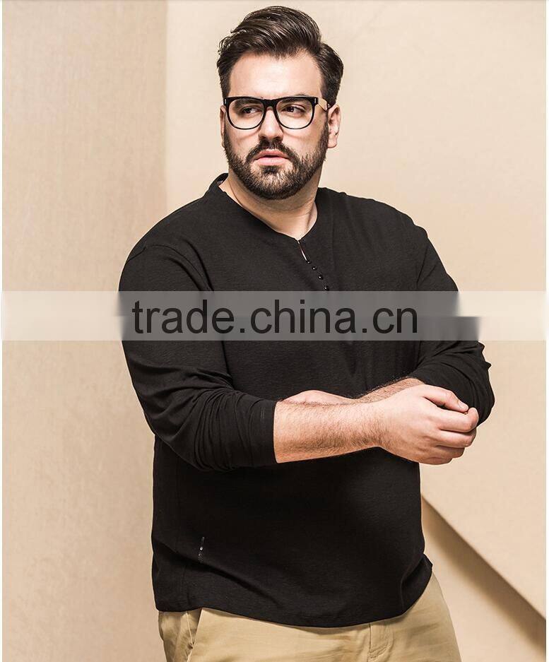 Men's spring long sleeve cotton slub plus size O-neck tee shirt with button placket