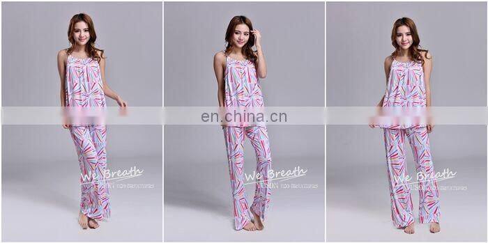 Women Bamboo Fiber Pajamas Short Sleeves Set Rose Red Beach Pants