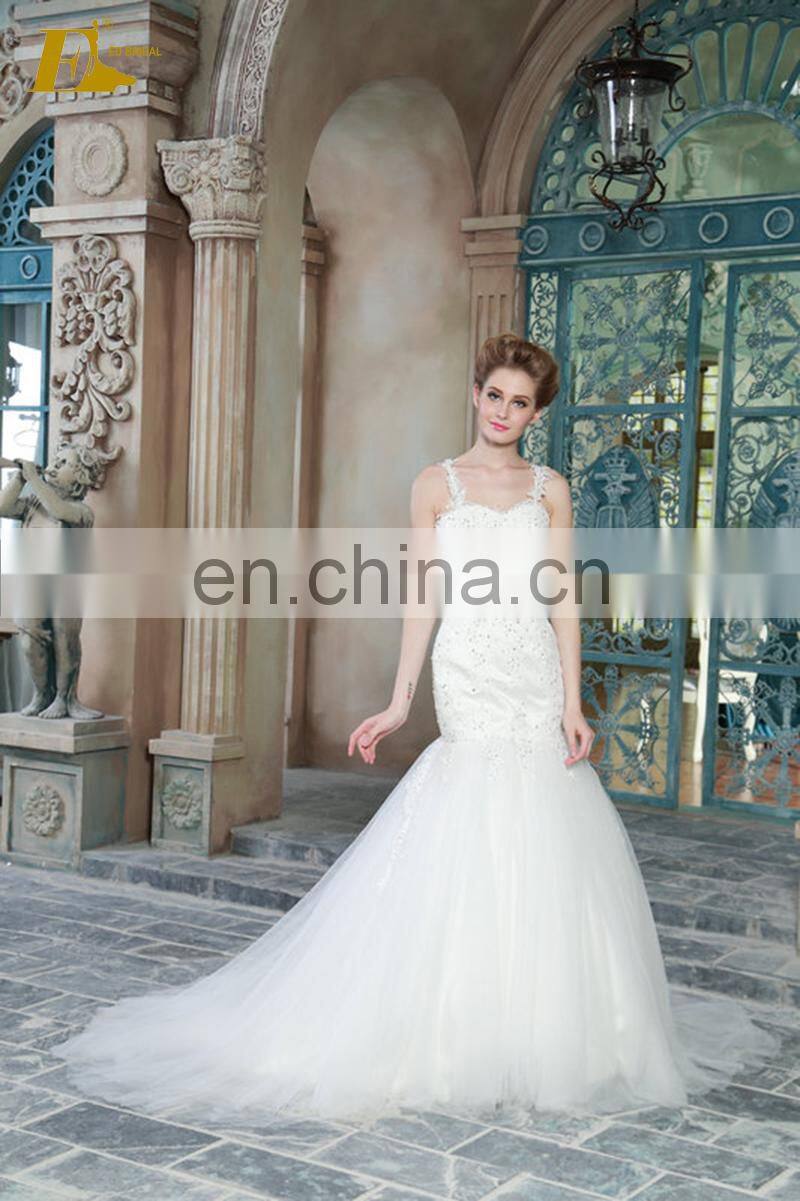 Exquisite Appliqued and Beaded See Through Back Mermaid Lace Straps Tulle Wedding Dress Bridal Gown
