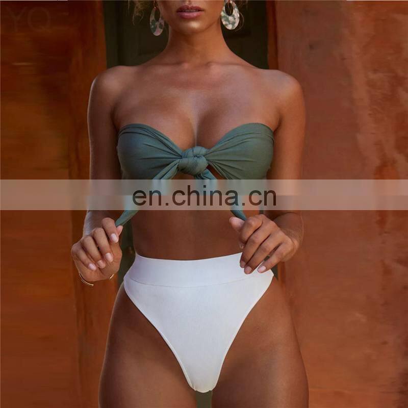 High Waist Strapless Bikini Set Woman Sexy Basic Front Chest Tie Push Up Swimsuit Tight G String Beach Mermaid Swimsuit