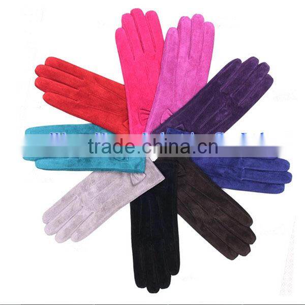 2016 Fashion bow trimmed red long pig suede ladies leather gloves