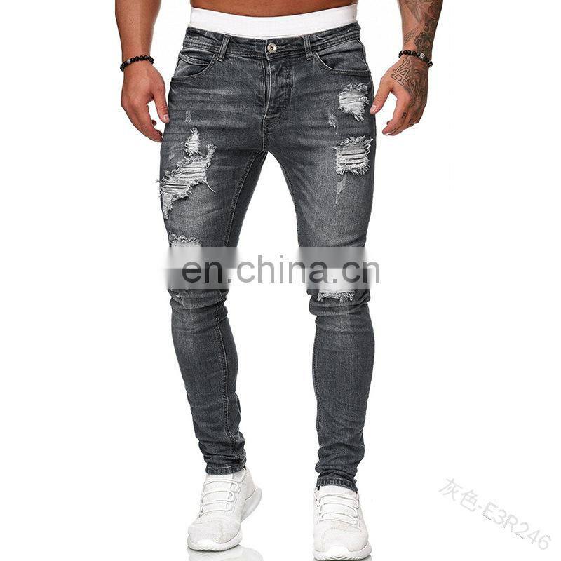 Manufacturers wholesale custom-made holes grind white slim-fit denim trousers fashion slim-fit plus size men's trousers