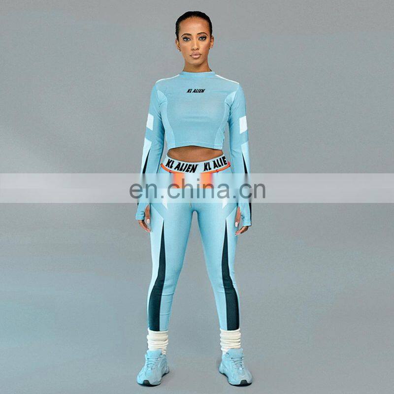 Wholesale printed fitness sportswear yoga suit ladies 2-piece long sleeve crop top leggings sportswear suit