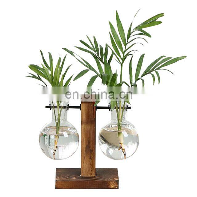 Terrarium Hydroponic Plant Vases Vintage Flower Pot Transparent Vase Wooden Frame Glass Tabletop Plants Home Bonsai Decor
