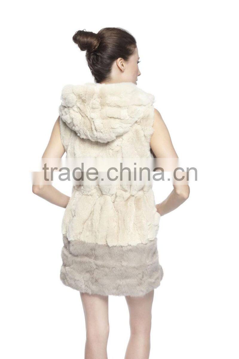 QD70886 Factory Direct Sale New Design Women's Rex Rabbit Fur Vest With Hoody