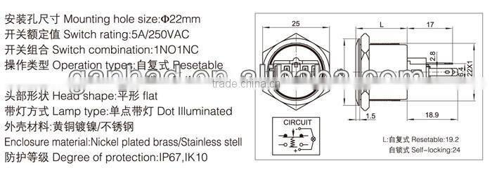 IP67 dot illuminated 22mm push button switch