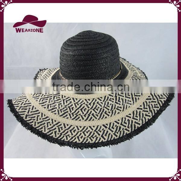 Black and white paper straw floppy hat with tassels