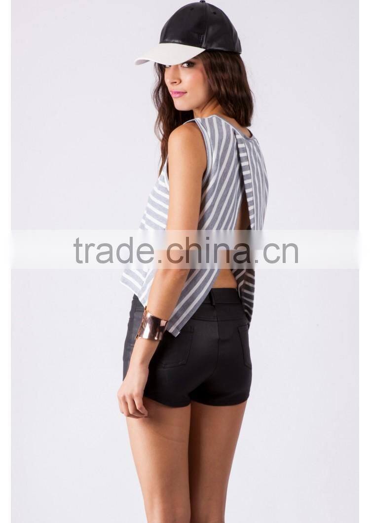 2016 women clothing, designer clothing manufacturers in china, private label women knitted sleeveless stripe top with split back