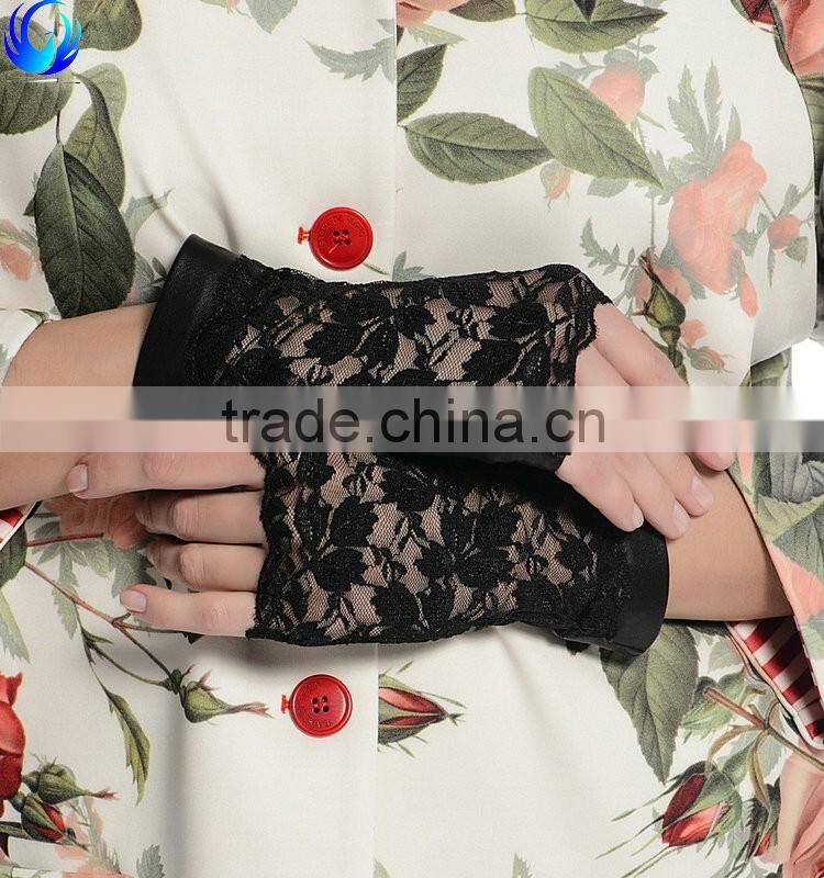 New style women fingerless driving gloves sheepskin leather palm lace gloves