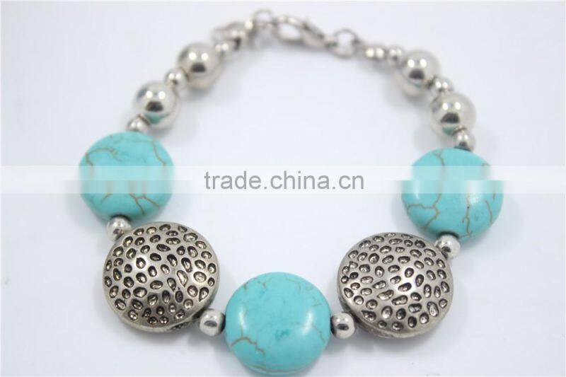 Handmade Gypsy Tibet Silver Turquoise Stone & Uneven Flat CCB Beaded Bracelet For Women Jewelry 2016New Intrend style