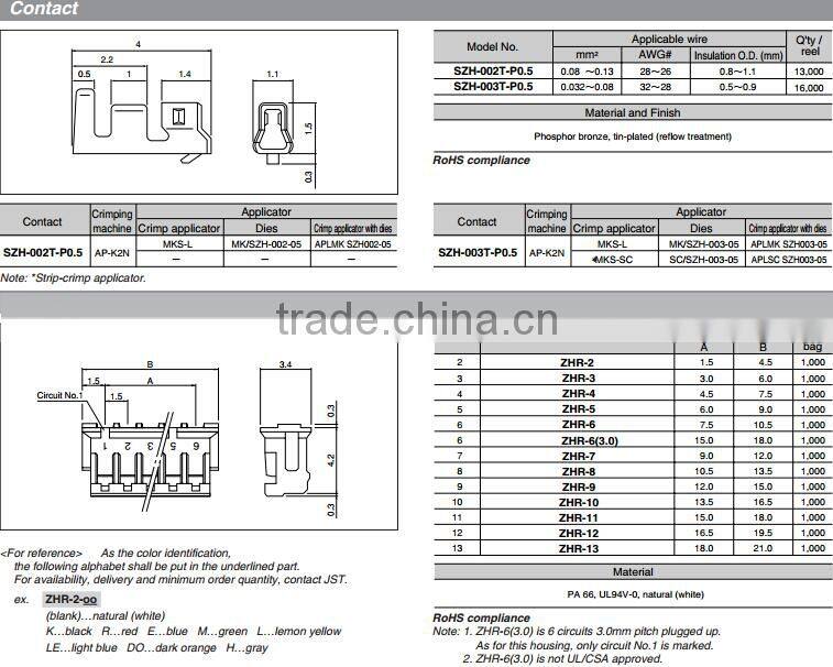 3 pin connector wire to board JST ZH series 1.5mm pitch crimp style connector ZHR-3 housing