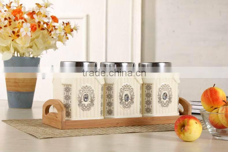 3pcs Ceramic canister set with wooden stand