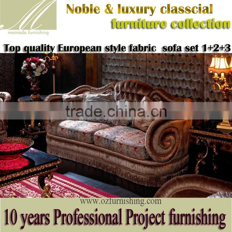 YB56 Foshan Shunde Furniture , Classic Gold leaf finshing fabric sofa for Villa, Royal hardwood sofa
