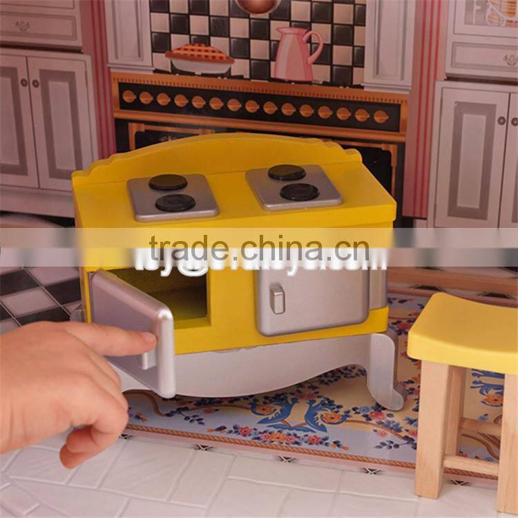 New style girls pretend play miniature wooden dollhouse toy with 16 pieces furniture W06A220