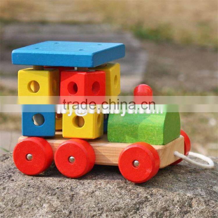 New design toddlers building blocks wooden pull train toy W05C072