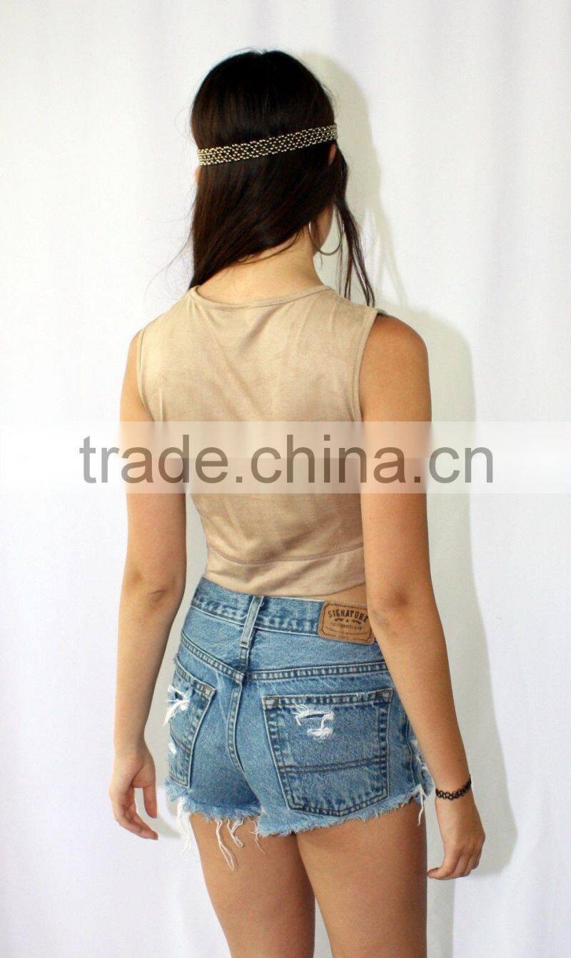 Womens Ladies Suede Top Junior Sexy clubwear Casual Boho Crop Top