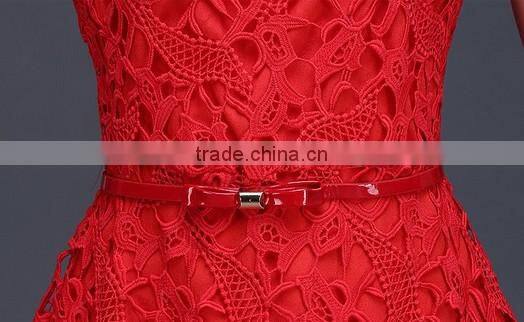 newest red lace plain young girl short sleeve casual dress