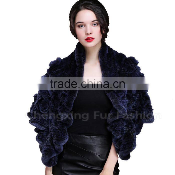 CX-B-21D Hot Selling Genuine Rex Rabbit Fur Knitted Shawl Knit Poncho