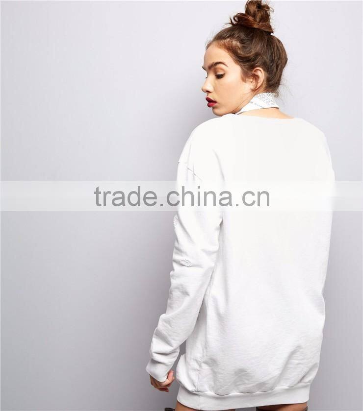 Women Oversized Longline Plain White Ripped Sweater Dress Distressed Sweatshirt Blank Pullover Drop Shoulder