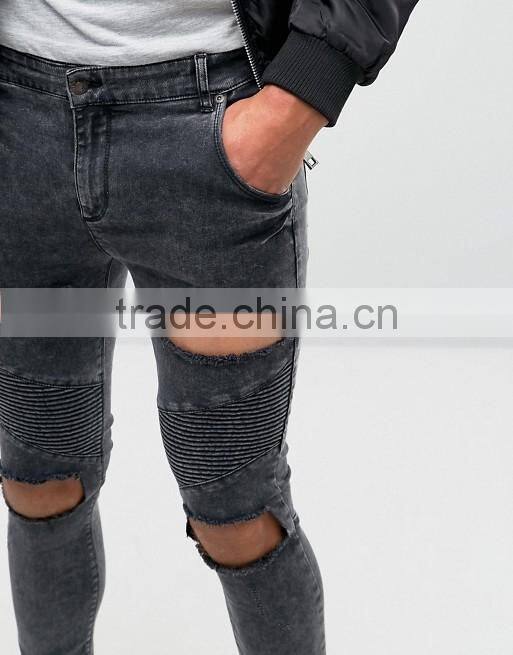 Slim Fit Straight Cut Knee Ripped Acid Wash Jeans Trousers for Men