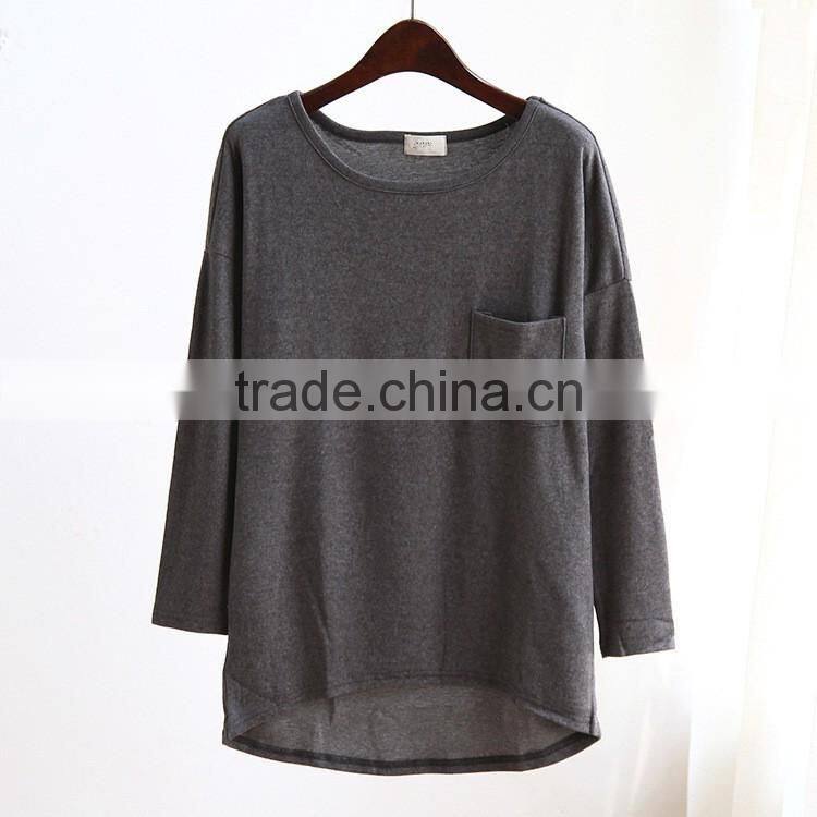 wholesale long sleeve casual women t-shirt with pocket