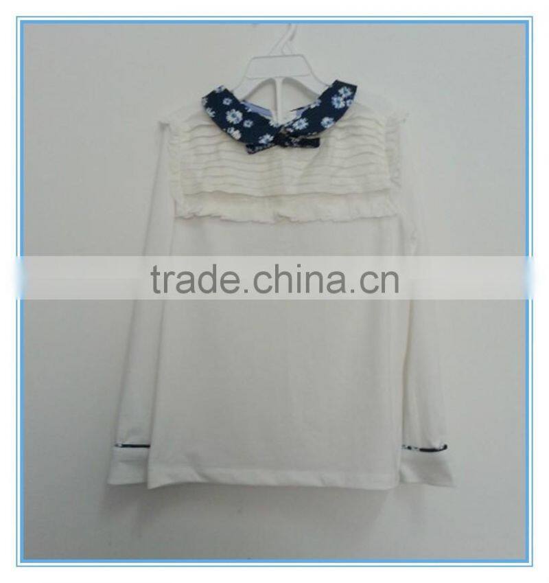 Wholesale OEM children girls cotton long sleeve shirt, girls boutique t shirt with flower printed turn over neck
