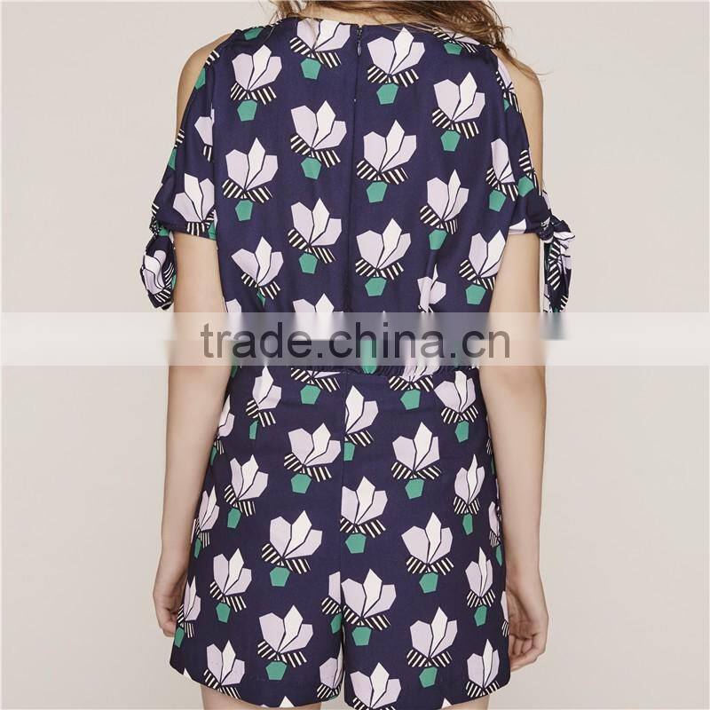 Classy cold shoulder floral printecd short rompers with adjustable sleeves