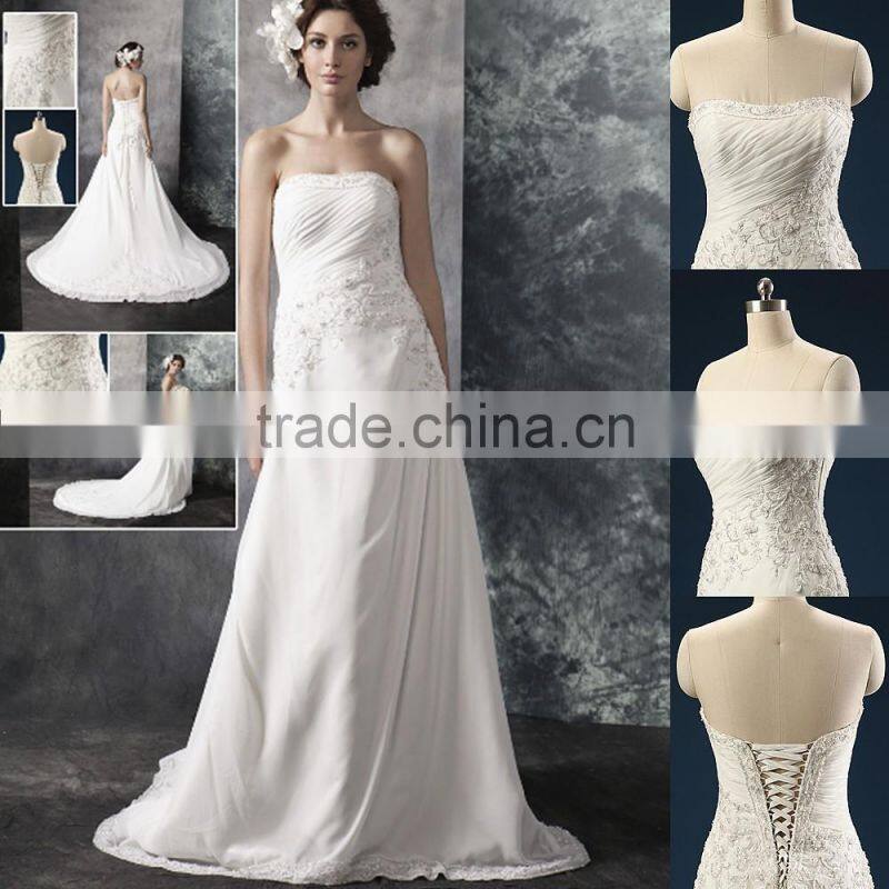A-line Scoop Neck Satin Over Net With Embroidery bridal dress Lace With Crystal 3/4 sleeve Wedding Dress AS29402
