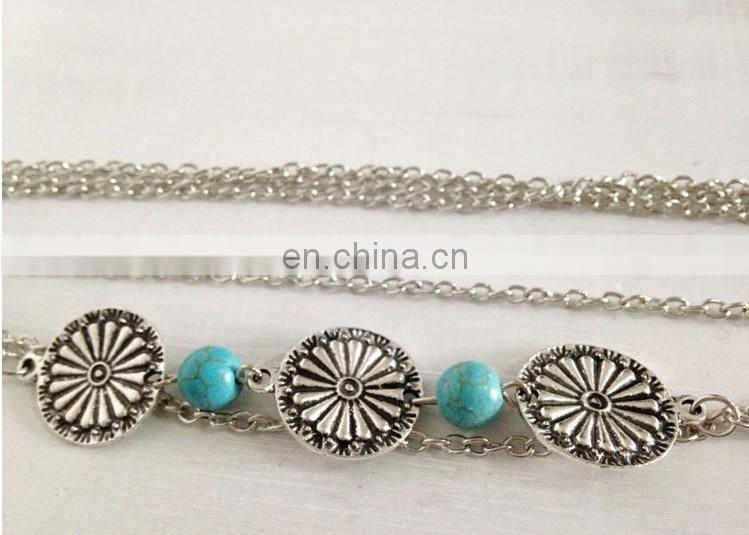 beach multilayer metal gold plated chain hair bands with turquoise beads hair accessories gold chain turquoise headband