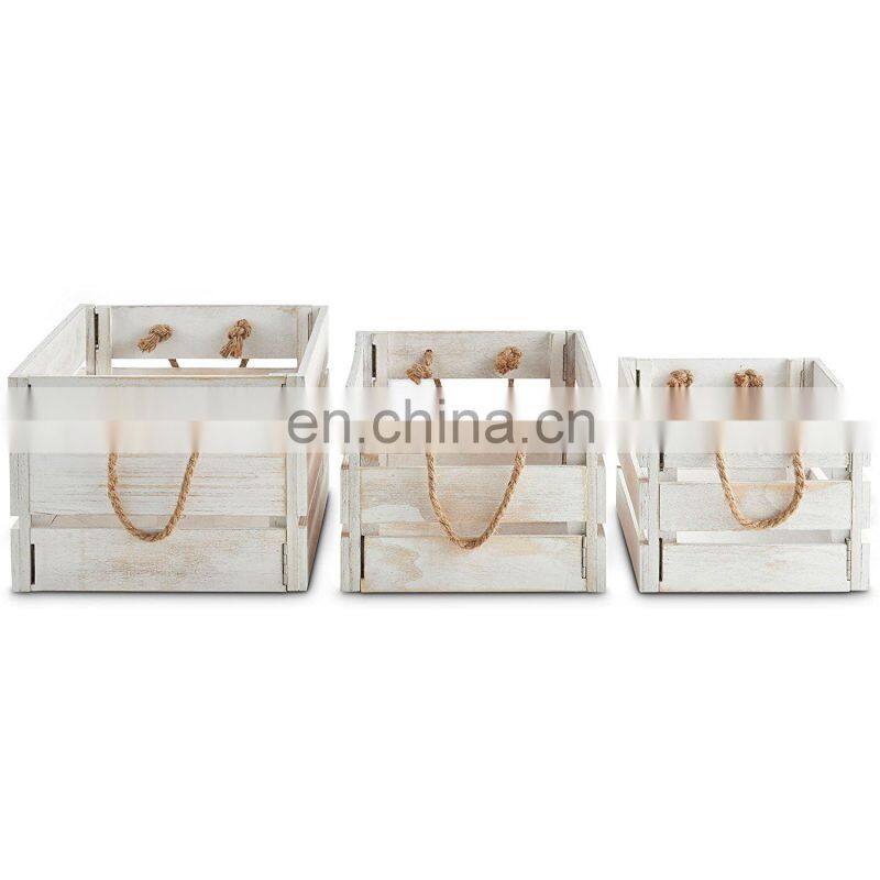 Rustic White-Washed Wooden Storage Crates with Jute Rope Handles