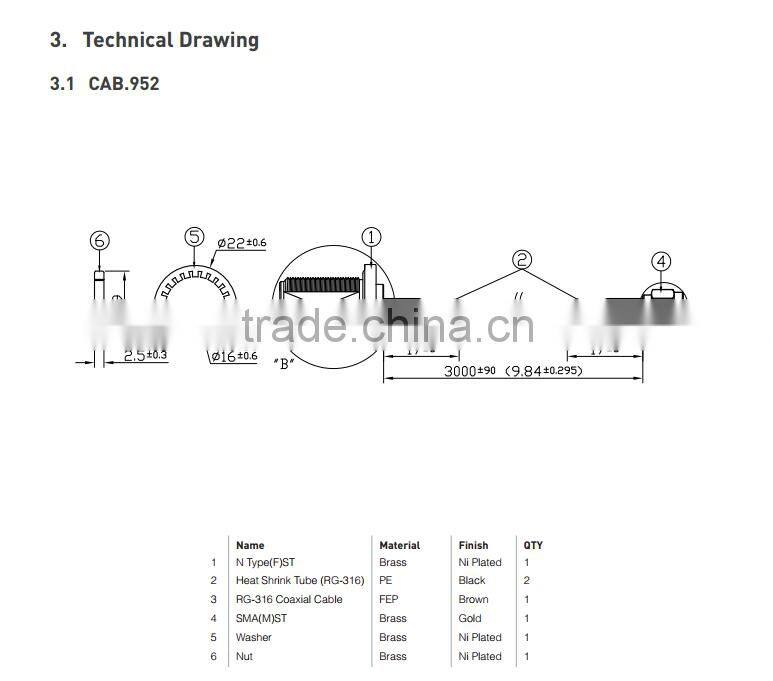 N type Jack with O-Ring to SMA(M)ST Plug RG-316 Cable 9.84ft(3000mm)