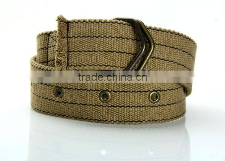 Fashion Heavy Duty Khaki Cotton Canvas Web Grommet Belt with Stitching for Sports