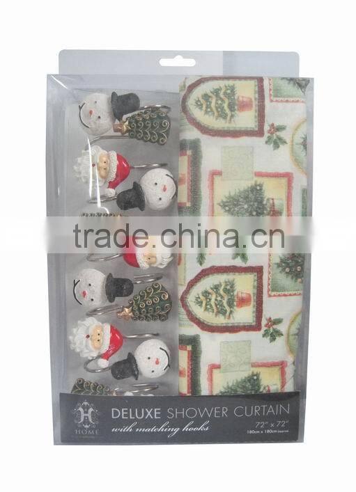Christmas series shower curtain&12pcs decorative resin hooks set