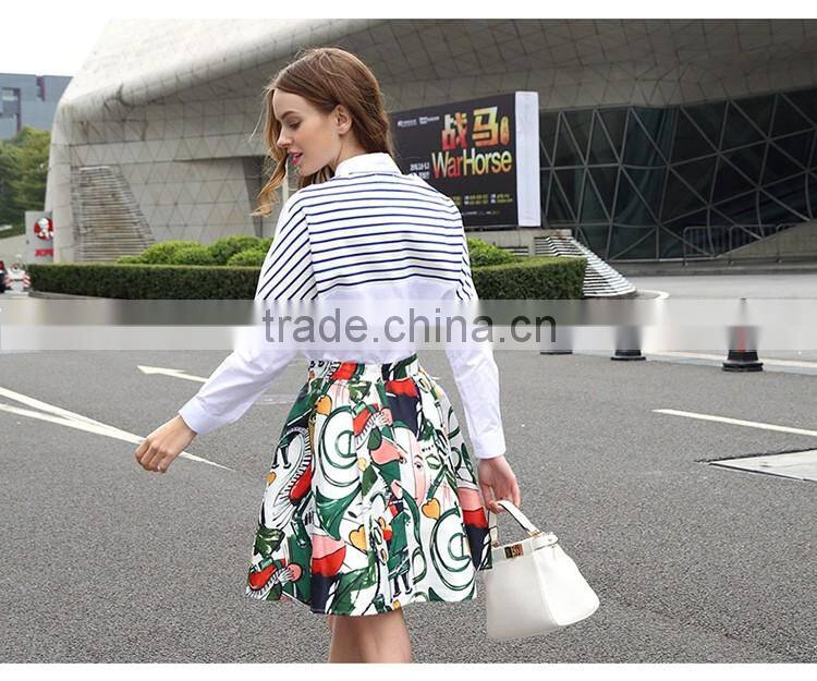 2016 Ladies New Design Fashion Top Blue White Striped Patchwork Knit Tie Neck Poplin Long Sleeve Latest Shirt Designs For Women