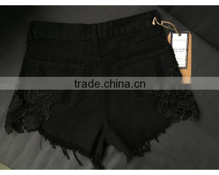 2016 Summer Fashion Women Lace Patchwork Ripped Denim Shorts Cotton Ladies New Style Tassel Fringed High Waist Short Pants